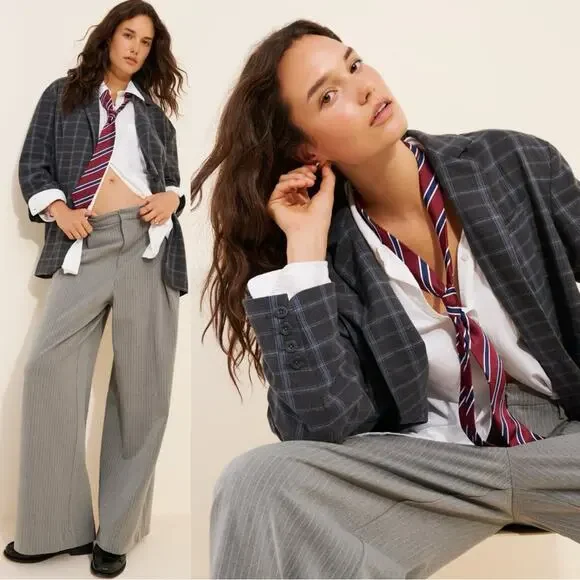 Free People Oversized Layering Menswear Reggie Blazer Blue Plaid Medium Preppy